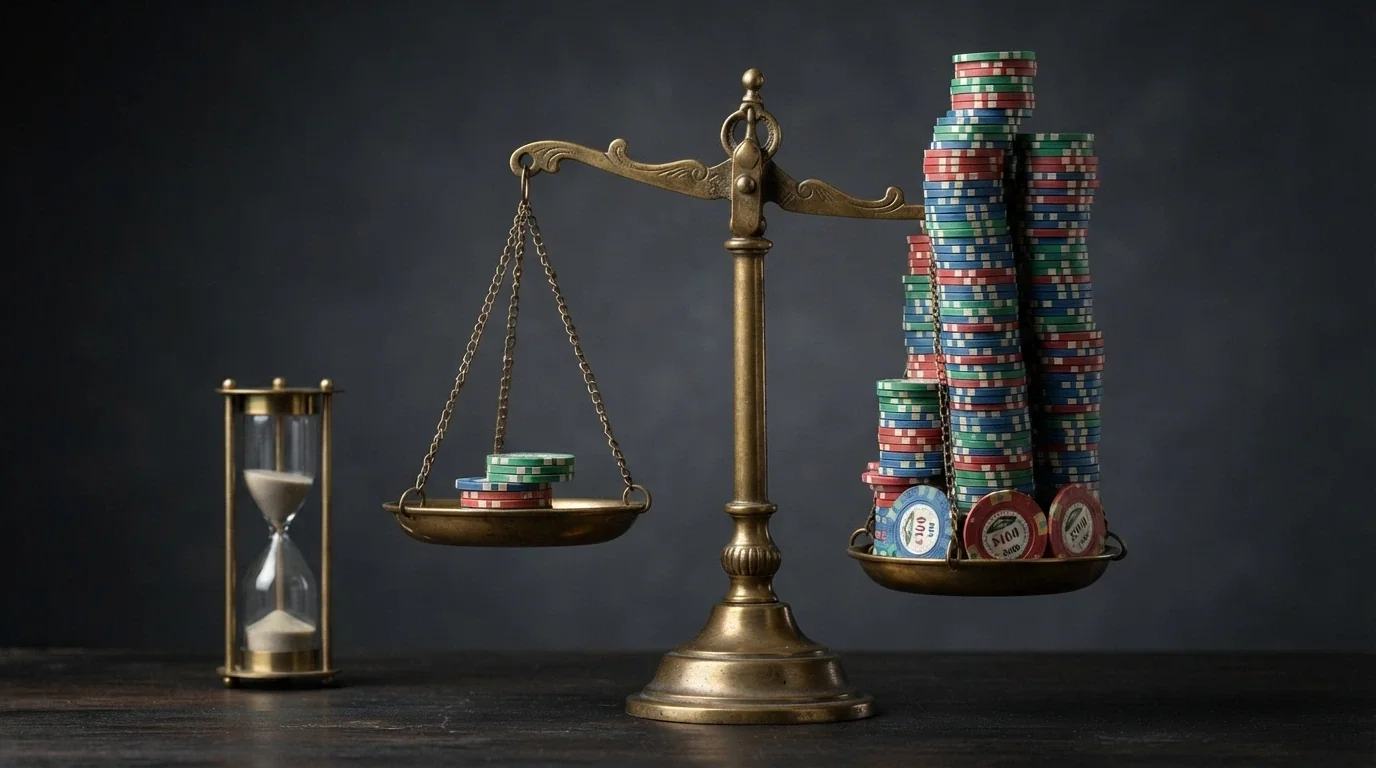 A set of scales: on one side a small stack of chips labelled “A$2,000 bonus,” on the other a much larger stack labelled “A$80,000 required turnover,” with a 30-day hourglass running beside it.