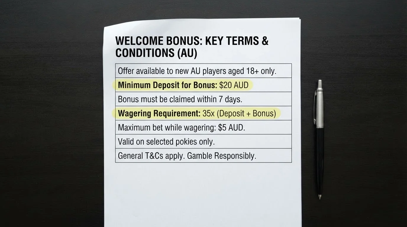 A close-up of a welcome-bonus terms panel with the wagering requirement and minimum-deposit-for-bonus lines highlighted