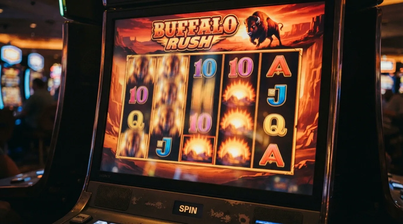 The Buffalo slot grid mid-spin, the 5x4 reel set with 1,024 ways to win visible, the sunset-and-bison artwork filling the screen