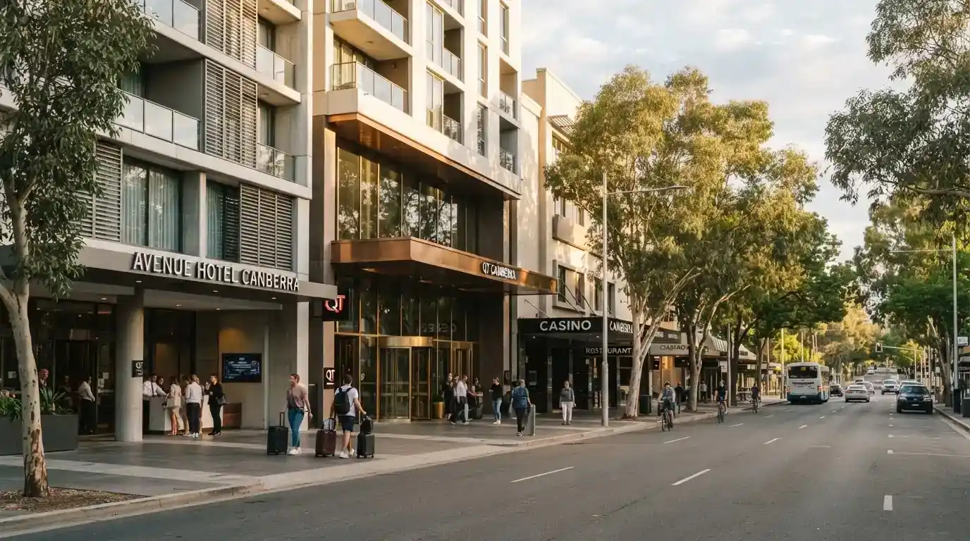 Hotel facades within walking distance of Casino Canberra in the Canberra CBD