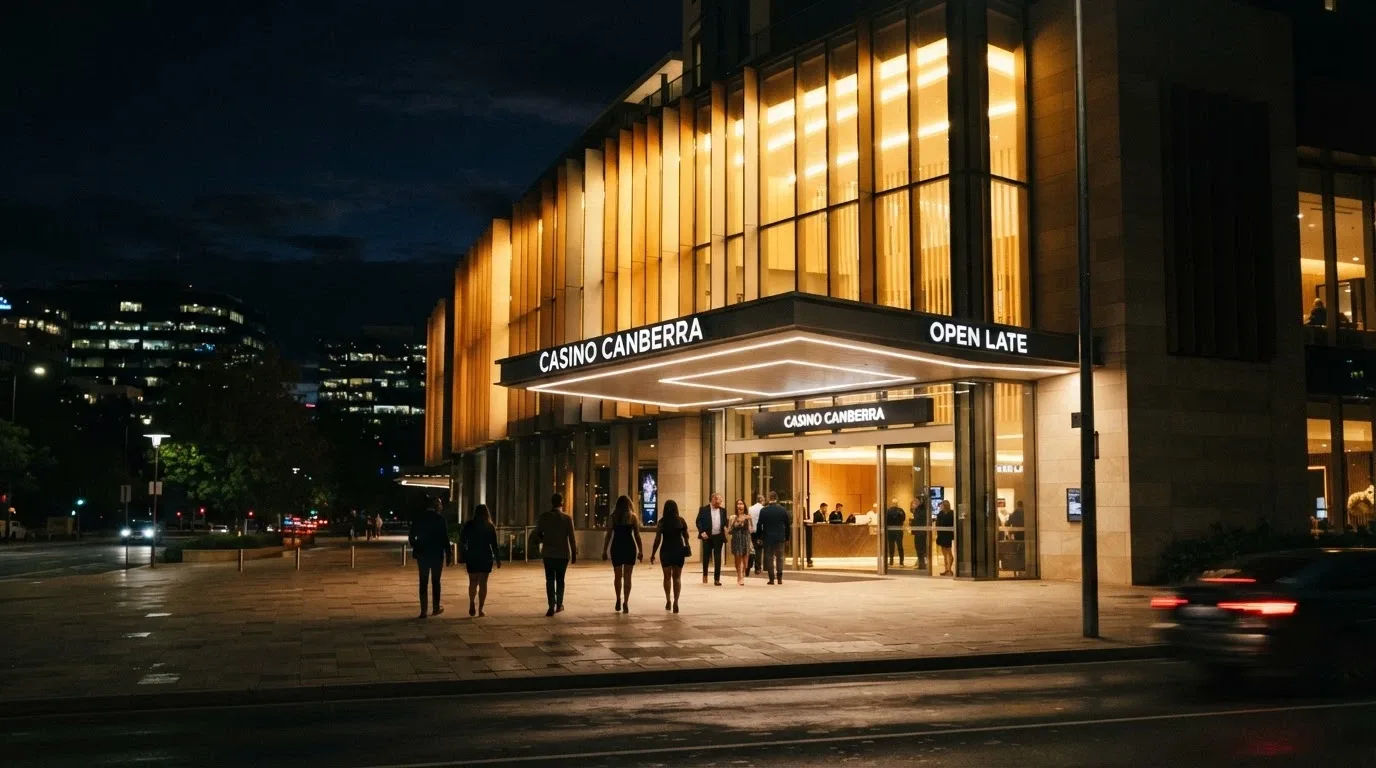 Casino Canberra lit up at night with visitors near the entrance