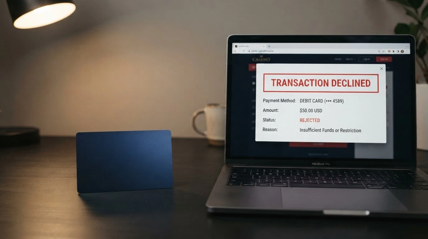 A debit card with a declined-transaction notice on a laptop screen beside a casino cashier page