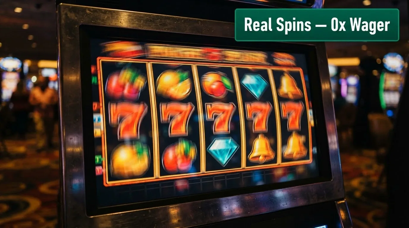 A close-up of a pokie screen mid-spin with a “Cash Spins — 0x Wager” overlay badge, reels blurred to show motion