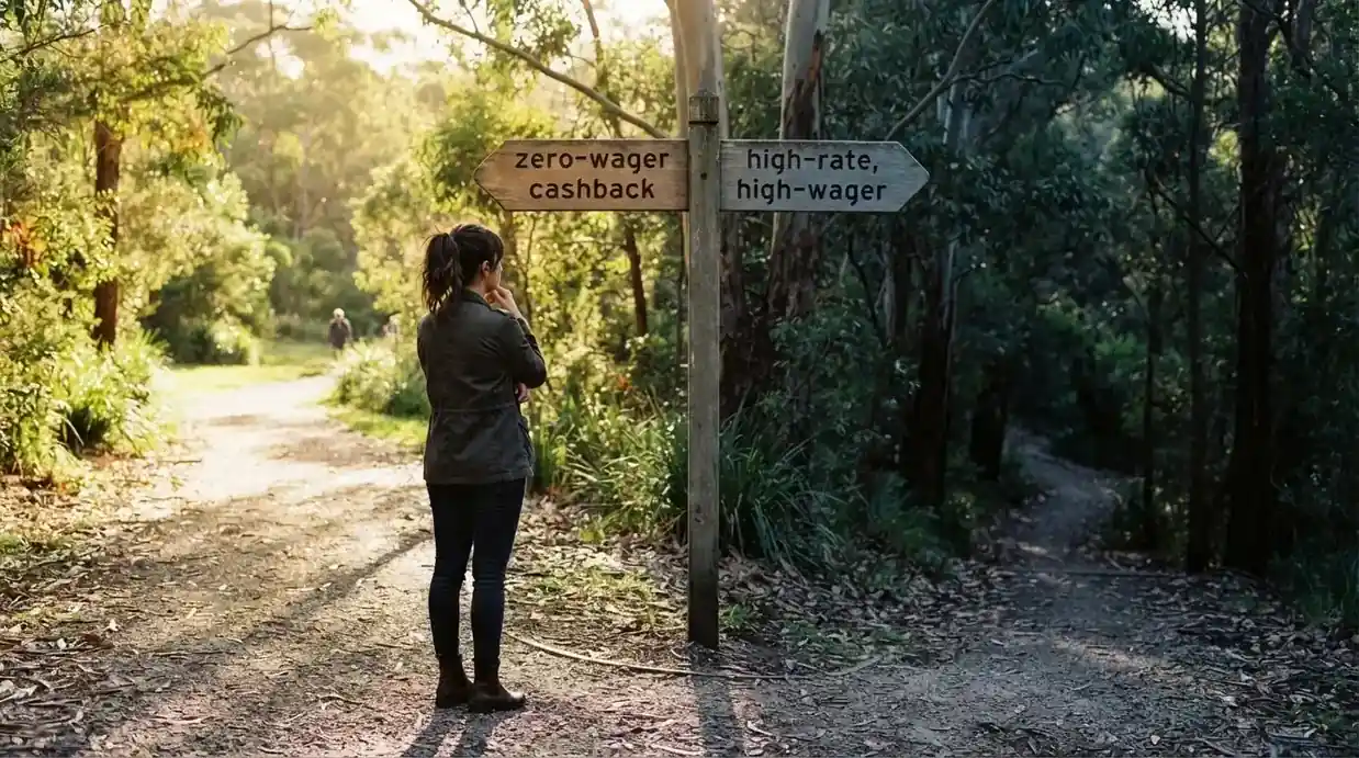 A simple decision-flow visual: a player figure at a fork in the road with two signs — one reading “zero-wager cashback” leading to a green zone and one reading “high-rate, high-wager” leading to a caution zone