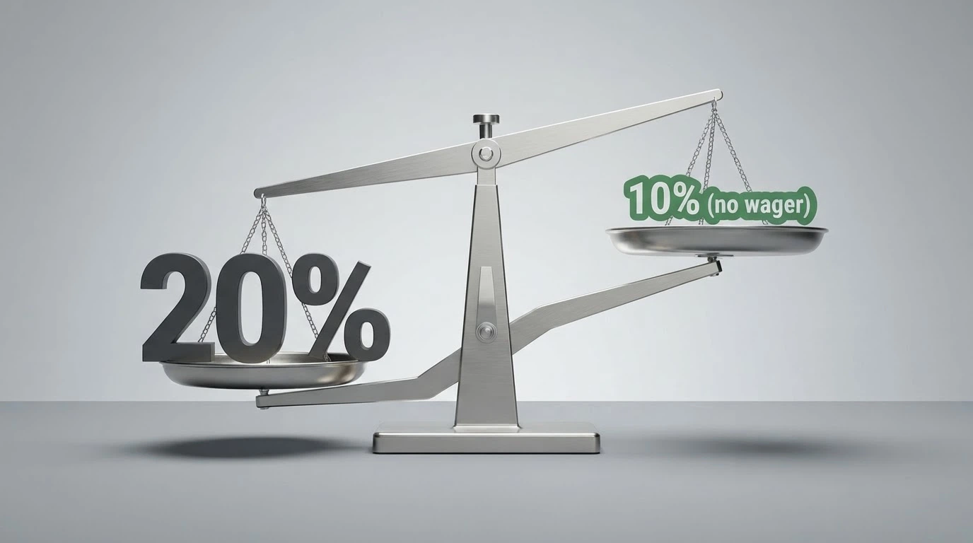 A balance-scale visual with a large “20%” on one side weighed against a smaller “10% (no wager)” on the other, the 10% side sitting lower