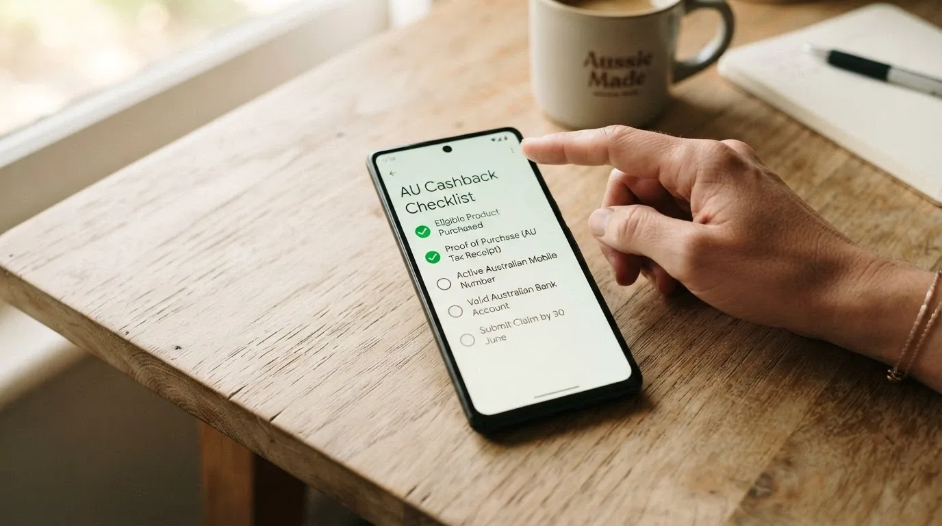 A smartphone displaying a checklist of cashback terms — wagering, cap, cycle, minimum loss, real-cash status — with green ticks beside the first two items