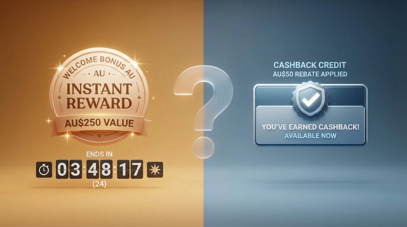 A split-screen visual: one side shows a welcome-bonus badge with a countdown timer, the other shows a cashback credit notification, with a question mark between them