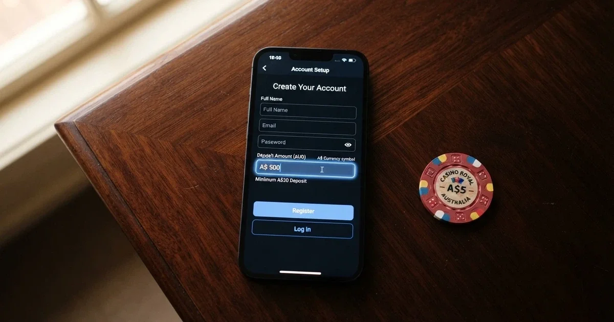 A smartphone displaying an online casino registration screen with a bonus code field highlighted and Australian dollar symbols visible