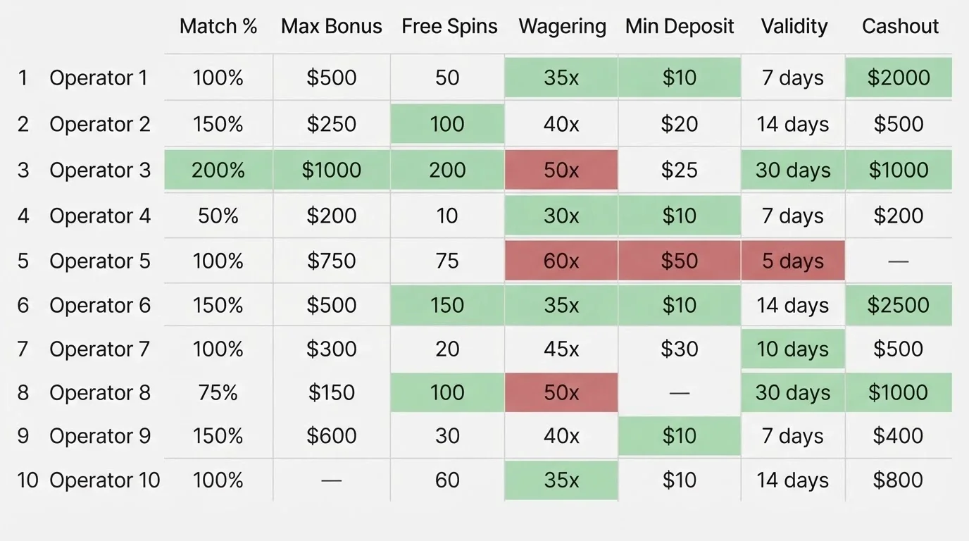 A comparison grid with operator names down the left and bonus-term columns across the top, showing varied match percentages and wagering figures