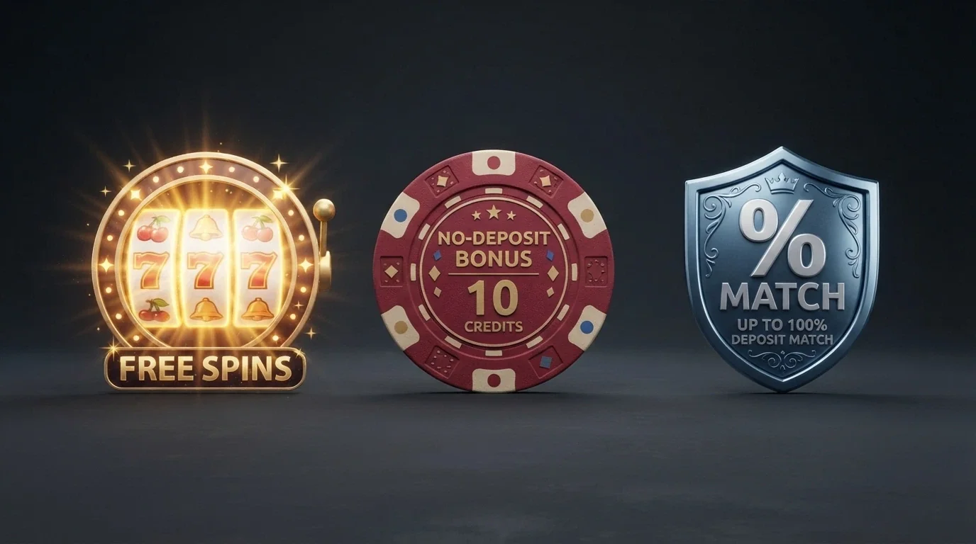 Three illustrated cards arranged side by side showing a free-spins icon, a no-deposit cash chip and a deposit-match percentage badge, each with a different colour accent