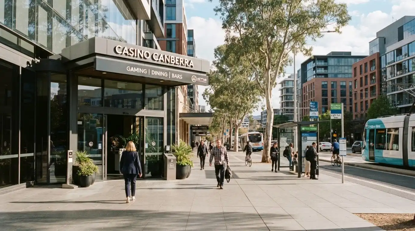 Street-level view of 21 Binara Street showing the casino entrance and surrounding CBD