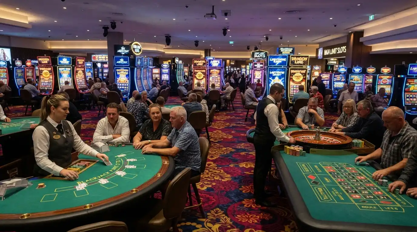 Gaming tables and electronic machines on the Casino Canberra floor