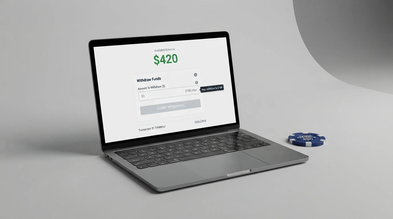 A casino cashier screen showing a player balance of A$420 beside a withdrawal field capped at A$180 with a tooltip explaining the bonus terms