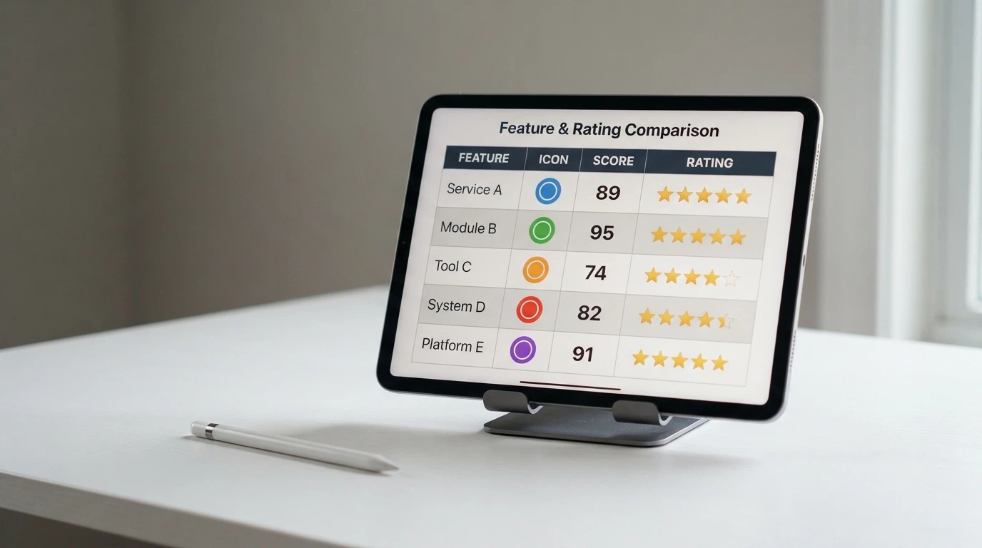 A tablet screen showing a comparison table of casino logos, bonus amounts and wagering figures with a star rating column