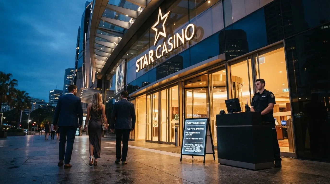 The entrance to The Star Brisbane casino with signage indicating age and ID requirements
