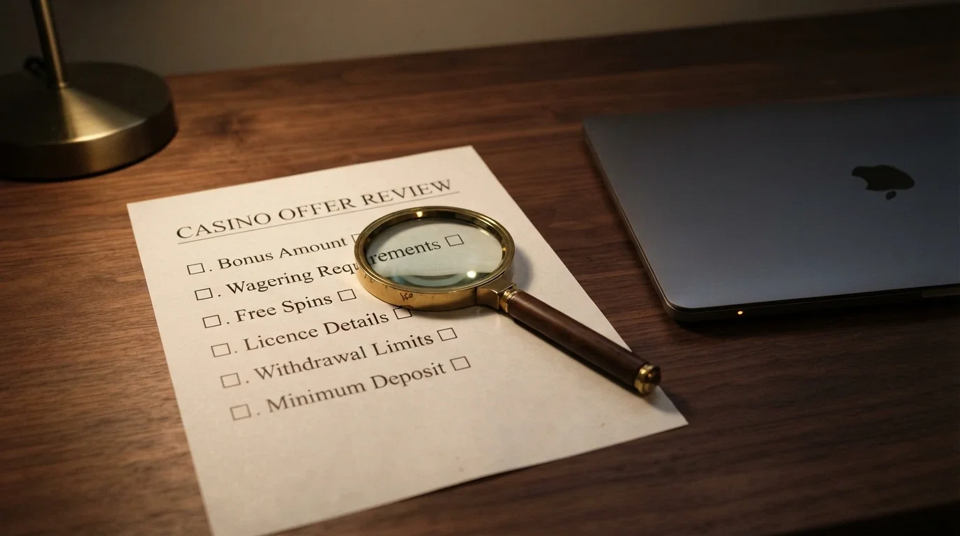 A checklist-style display of the ranking criteria: bonus amount, wagering, free spins, licence, withdrawal limits, with a magnifying glass over the operator table