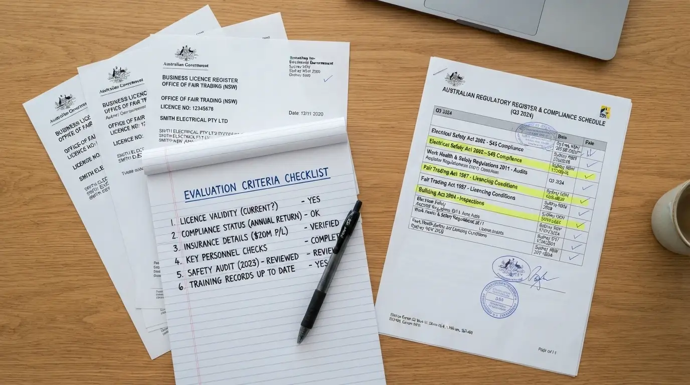 A desk with printed operator licence records, a notepad with evaluation criteria written across the top, and a highlighted ACMA register page