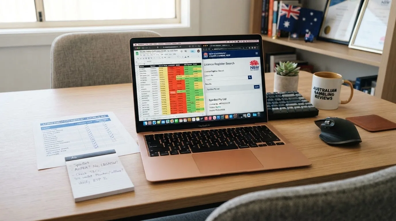 A laptop screen showing a structured evaluation spreadsheet with operator rows and criteria columns, beside a web browser open to the ACMA licence-register search page.