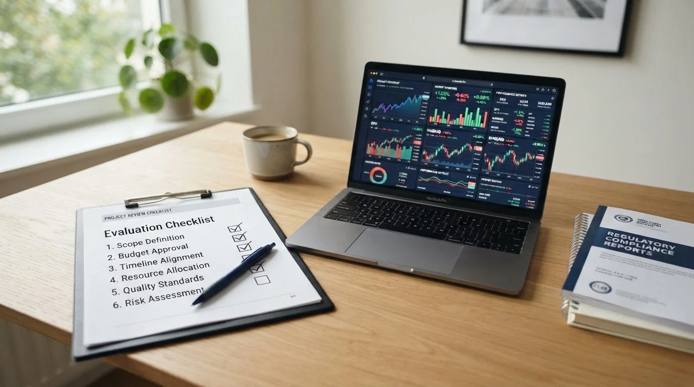 A checklist document with evaluation criteria beside a laptop displaying market data