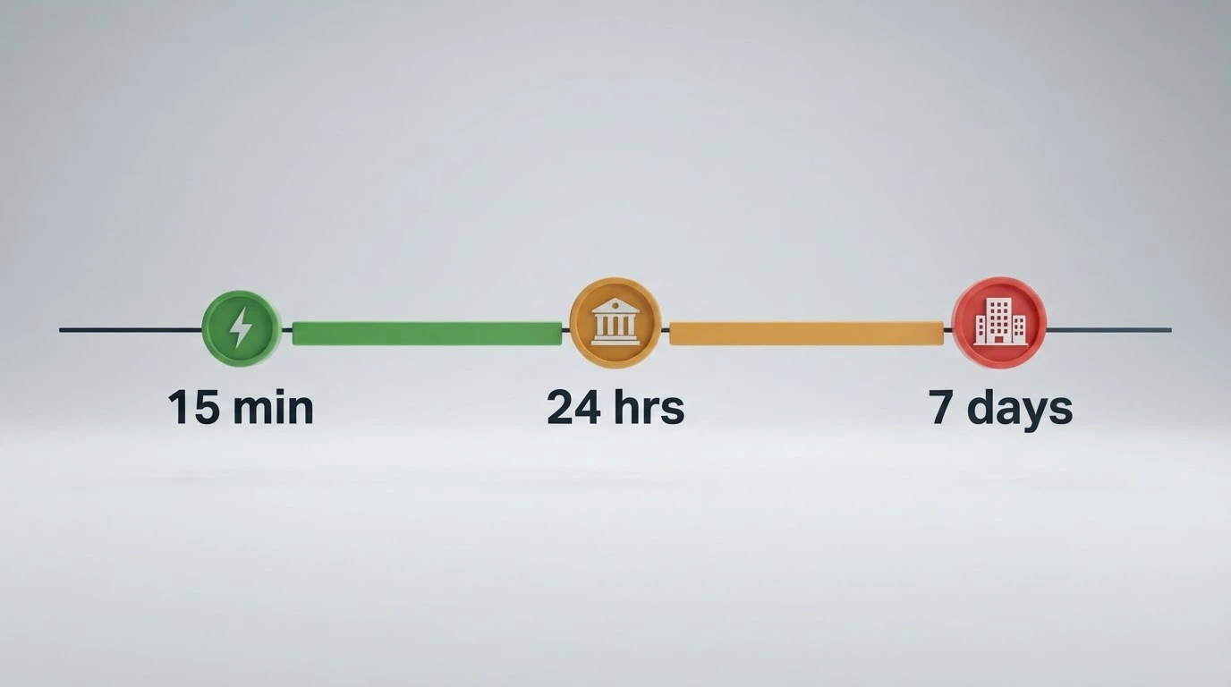 A timeline graphic comparing withdrawal speeds — crypto at 15 minutes, PayID at 24 hours, bank transfer at 7 days