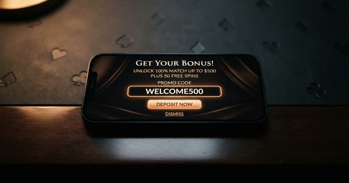 A smartphone screen displaying an online casino bonus offer with a promo code entry field, set against a dark background with playing-card suit symbols faintly visible in the background