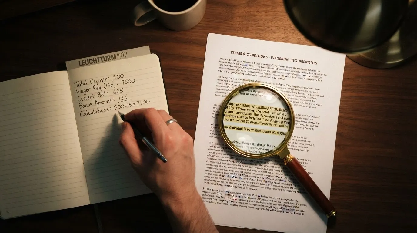 A close-up of a casino bonus terms document with a magnifying glass over the wagering-requirement clause, a calculator next to it
