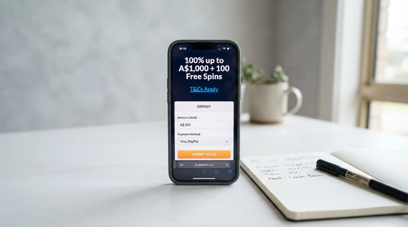 An iPhone screen showing a casino cashier page with a bonus offer banner displaying “100% up to A$1,000 + 100 Free Spins” and the terms link highlighted