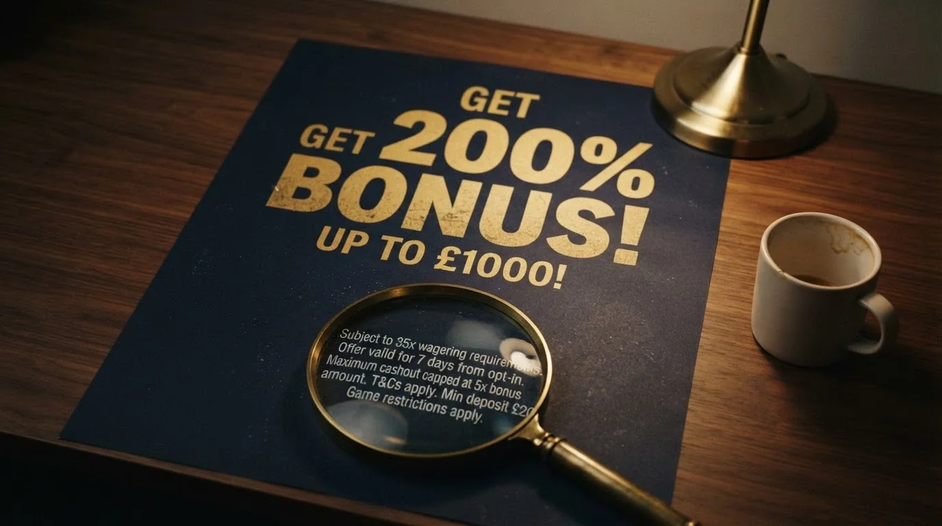 A welcome-offer banner reading a large bonus figure beside a magnifying glass revealing the fine-print terms — wagering, validity, max cashout