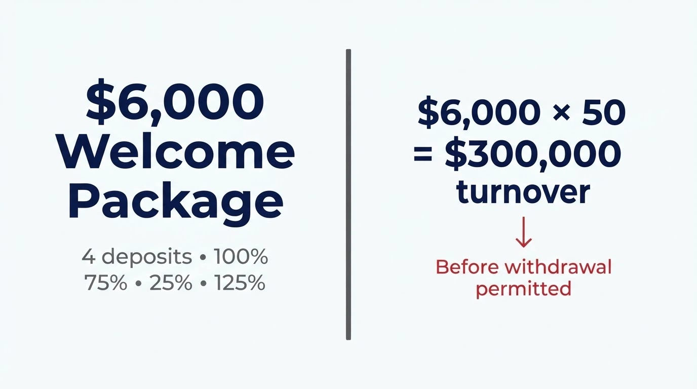A split visual showing a welcome-bonus headline figure on one side and the wagering-requirement calculation on the other