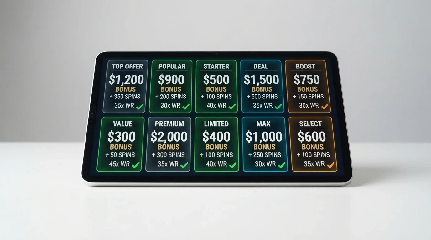 A grid of casino brand logos arranged in a comparison layout, with tick marks beside welcome bonus, free spins and wagering rate labels