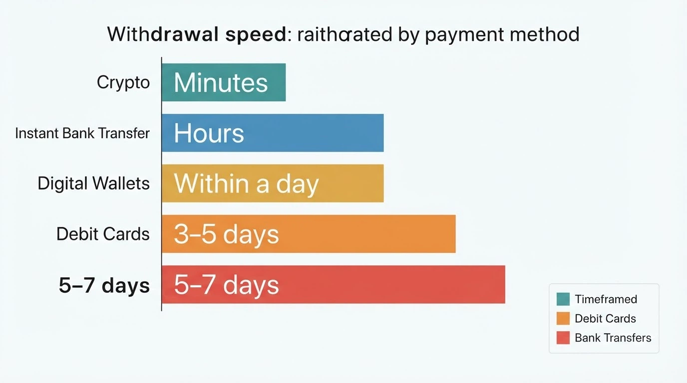 Bar chart visualising withdrawal speed by method — crypto at minutes, PayID at hours, e-wallets within a day, cards and bank transfer at multiple days