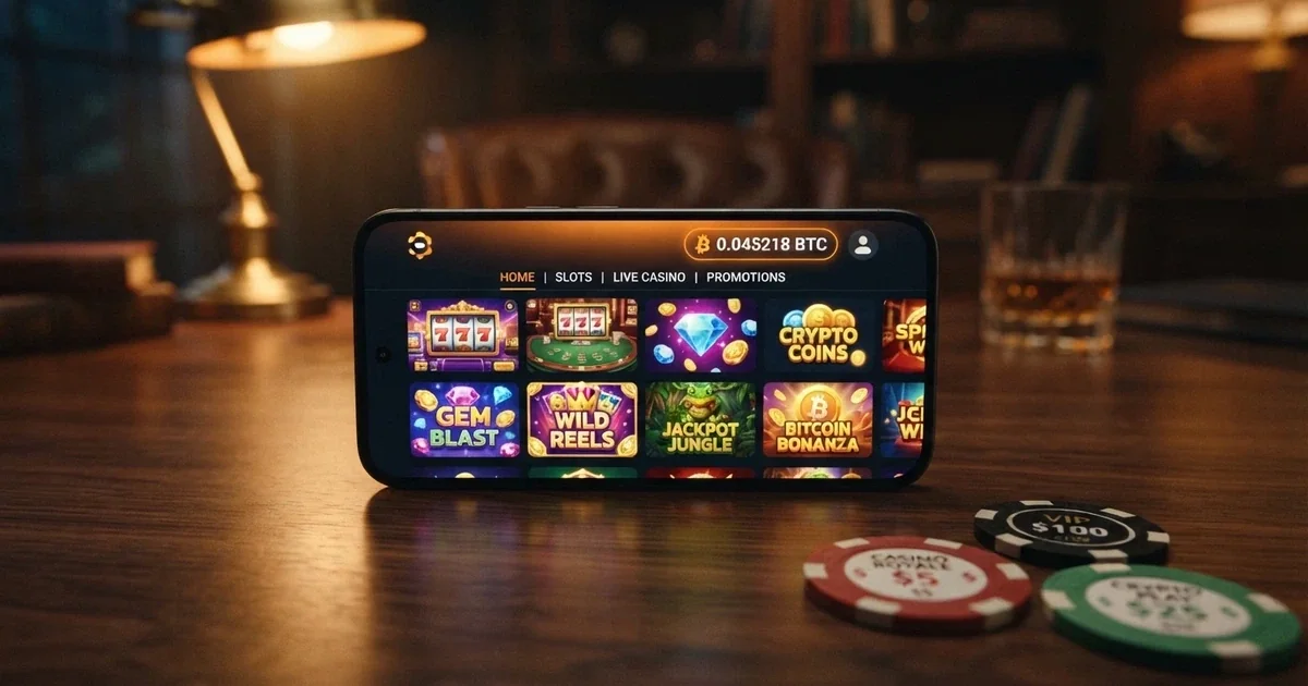 Bitcoin casino lobby screen showing cryptocurrency deposit options, game thumbnails, and a BTC balance display in the top bar