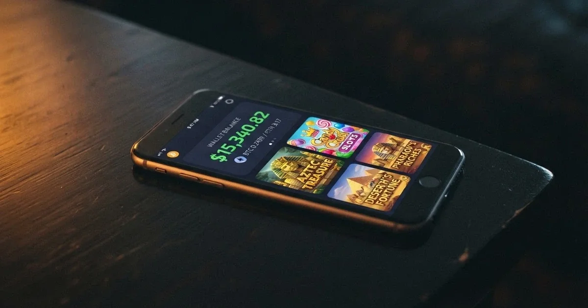 A smartphone screen displaying a Bitcoin Cash wallet balance next to an online casino game lobby with pokies thumbnails visible, set against a dark background with the BCH logo