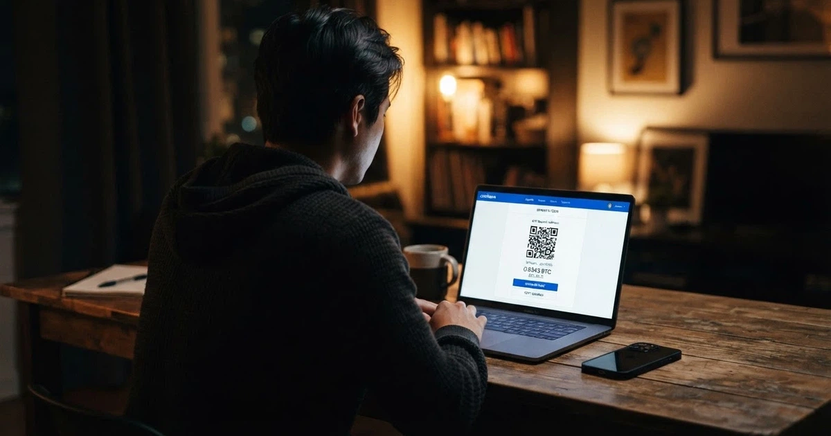 An Australian player looking at a laptop screen showing an Ethereum deposit interface at an offshore casino, with a wallet QR code visible