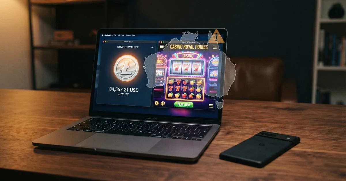 A laptop screen displaying a cryptocurrency wallet interface beside a casino lobby with Litecoin logo, overlaid with an Australian map outline and a warning symbol