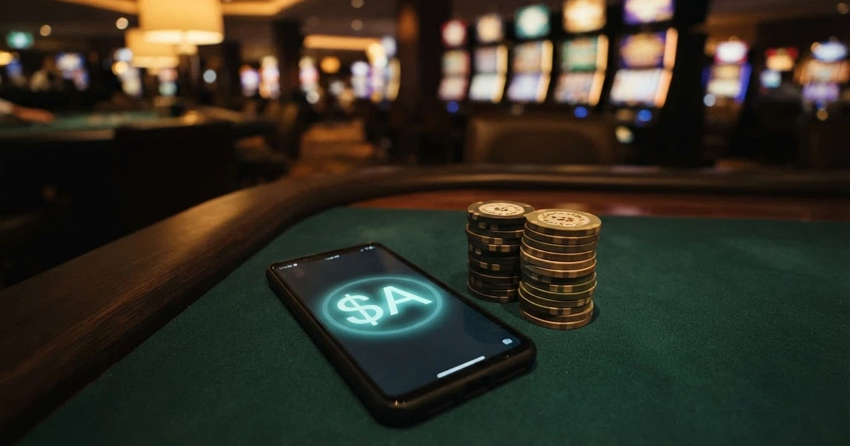A smartphone displaying a dollar symbol lies on a dark casino table beside clay gaming chips, with slot machines glowing in the background