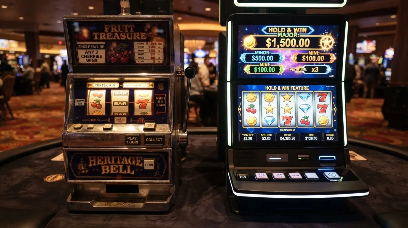 Side-by-side display of a vintage-style single-payline 3-reel pokie beside a modern Hold & Win 3-reel title with jackpot meters
