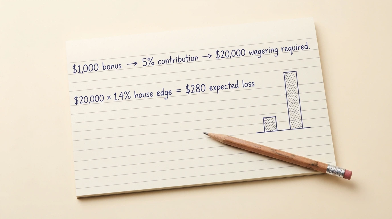 A notepad showing the maths: a AU$1,000 bonus at 5% craps contribution equals AU$20,000 in required wagering, with AU$280 in expected loss at a 1.4% house edge