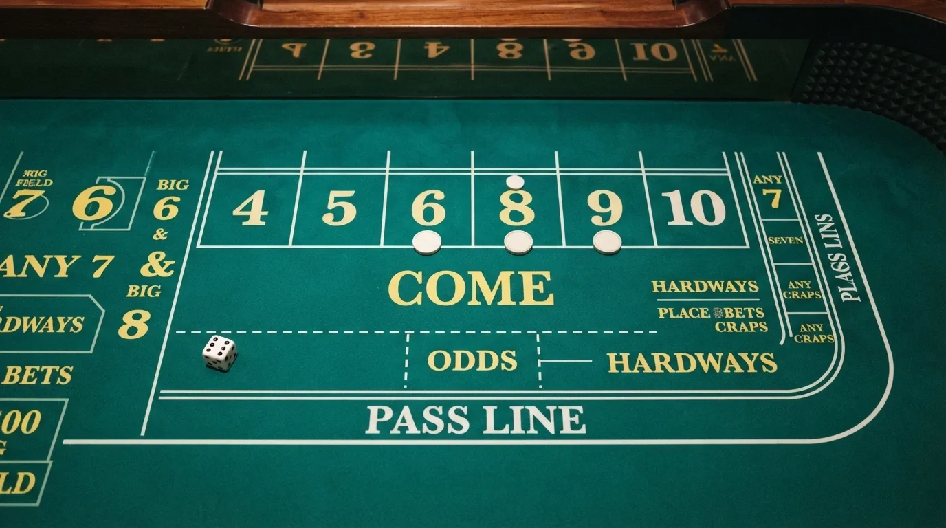 A close-up of a craps table felt showing the pass line, the odds bet area behind it, and the point numbers 4-5-6-8-9-10