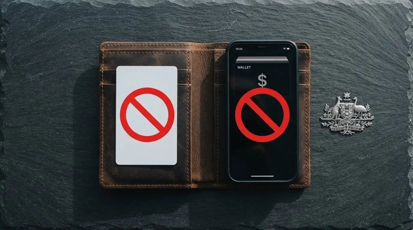 A wallet with a credit card and a phone showing a cryptocurrency wallet app, both crossed out with a red prohibition symbol beside an Australian coat of arms