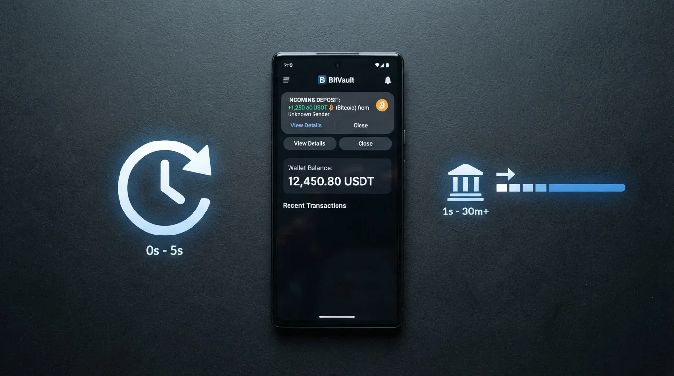 A smartphone showing a crypto wallet receiving a casino cashback deposit, with a clock icon showing a short elapsed time beside a bank-transfer icon showing days