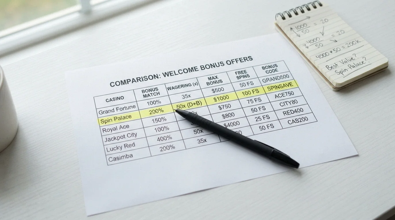 Side-by-side offer cards comparing welcome bonus amounts, wagering multiples and free-spin counts across featured operators