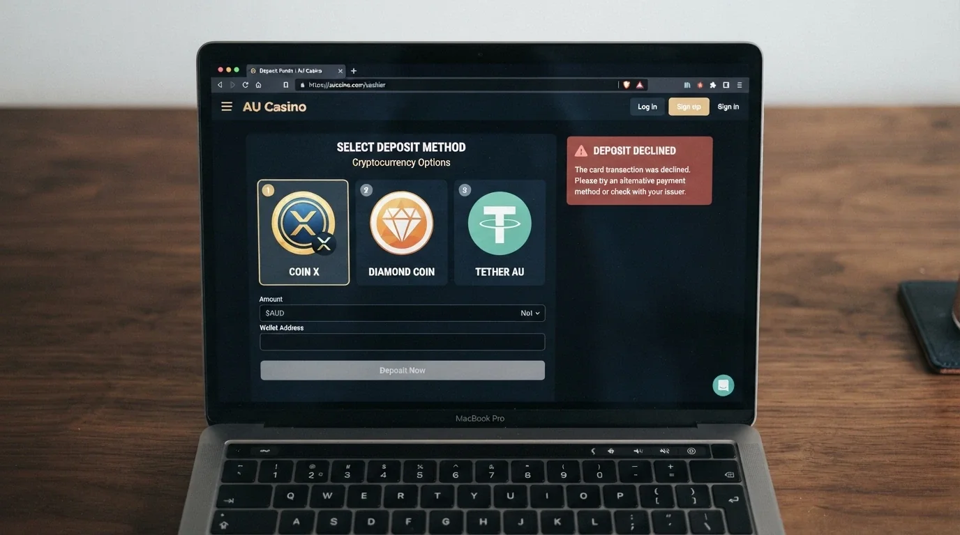 A laptop screen showing a casino cashier page with Bitcoin, Ethereum and USDT deposit options prominently displayed, next to a declined Visa card notification