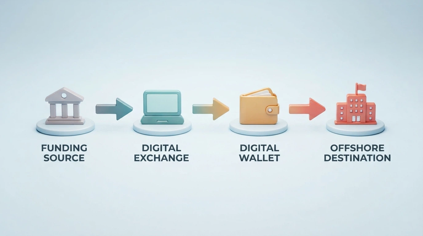 A four-step flow diagram: an Australian bank account icon, an arrow to a CoinSpot or Swyftx exchange logo, an arrow to a self-custody wallet icon, and a final arrow to an offshore casino building marked with a Curaçao flag.