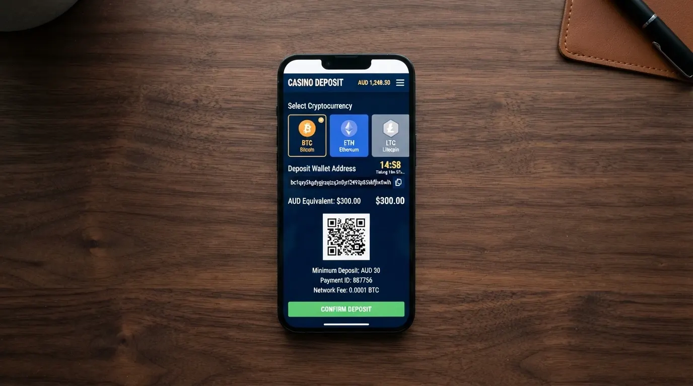 A casino deposit screen showing cryptocurrency options — Bitcoin, Ethereum, Litecoin — with a wallet address and a confirmation-timer countdown, beside an AUD equivalent display