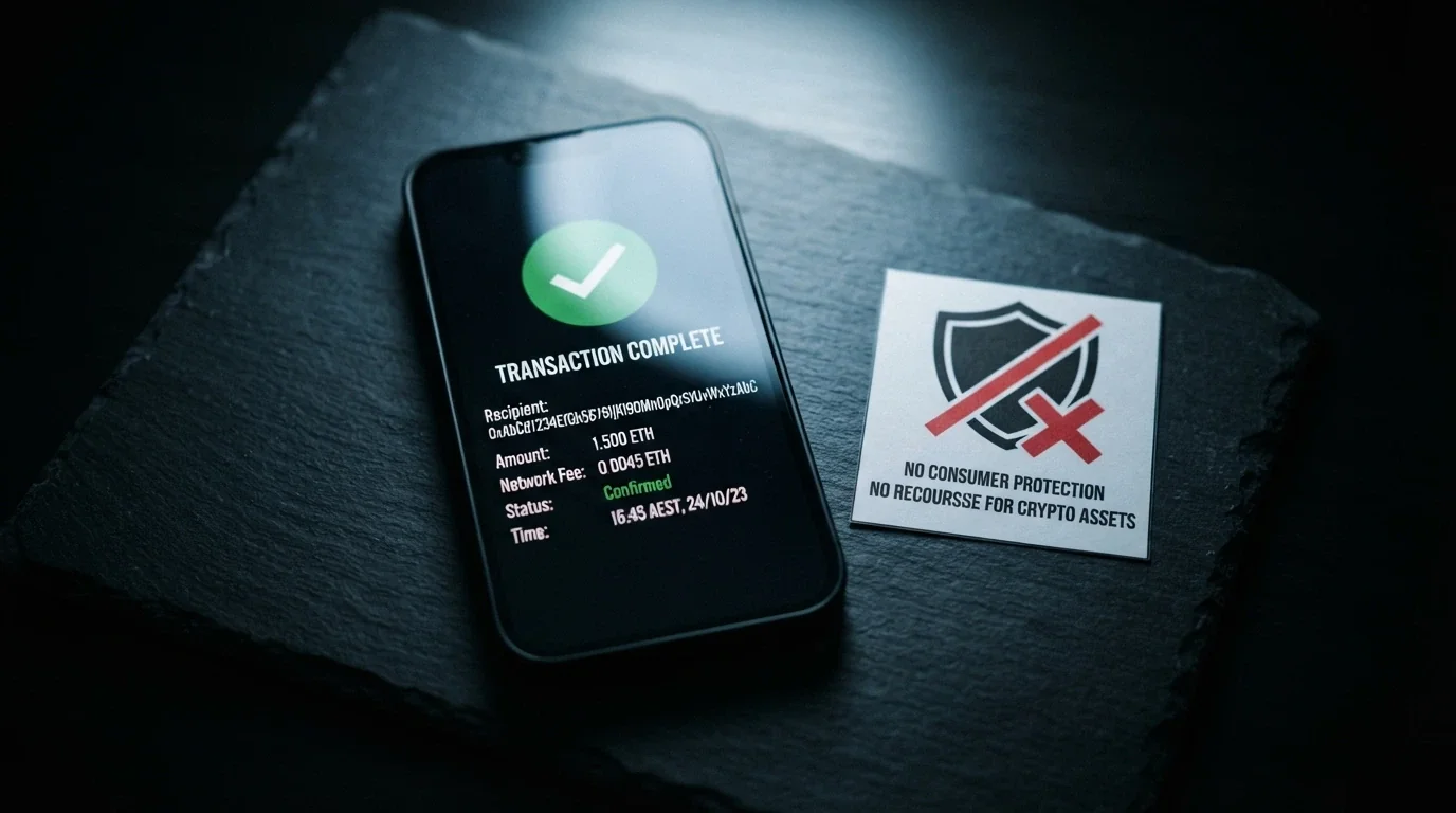 A smartphone displaying a crypto wallet transfer confirmation beside a crossed-out consumer-protection symbol