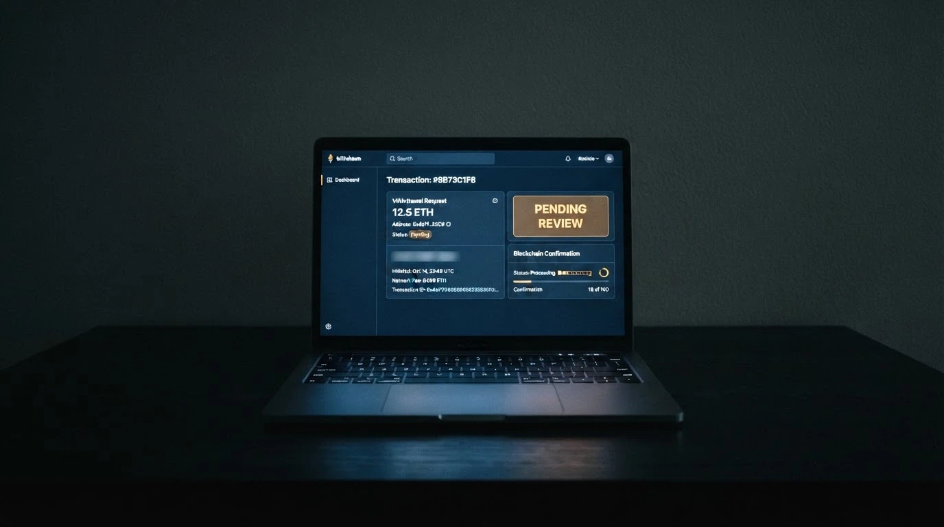 A crypto withdrawal dashboard showing a transaction status stuck on “pending review” beside a blockchain confirmation counter