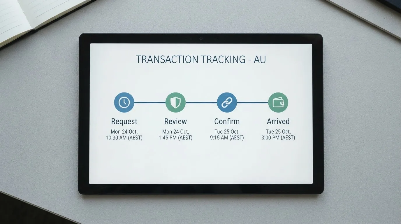 A timeline graphic showing the stages from withdrawal request through casino review to network confirmation and wallet arrival
