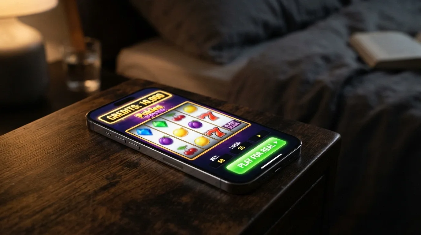 An iPhone screenshot of a pokies game in demo mode, with a virtual-credit balance in the thousands and a “Play for Real” button visible in the corner