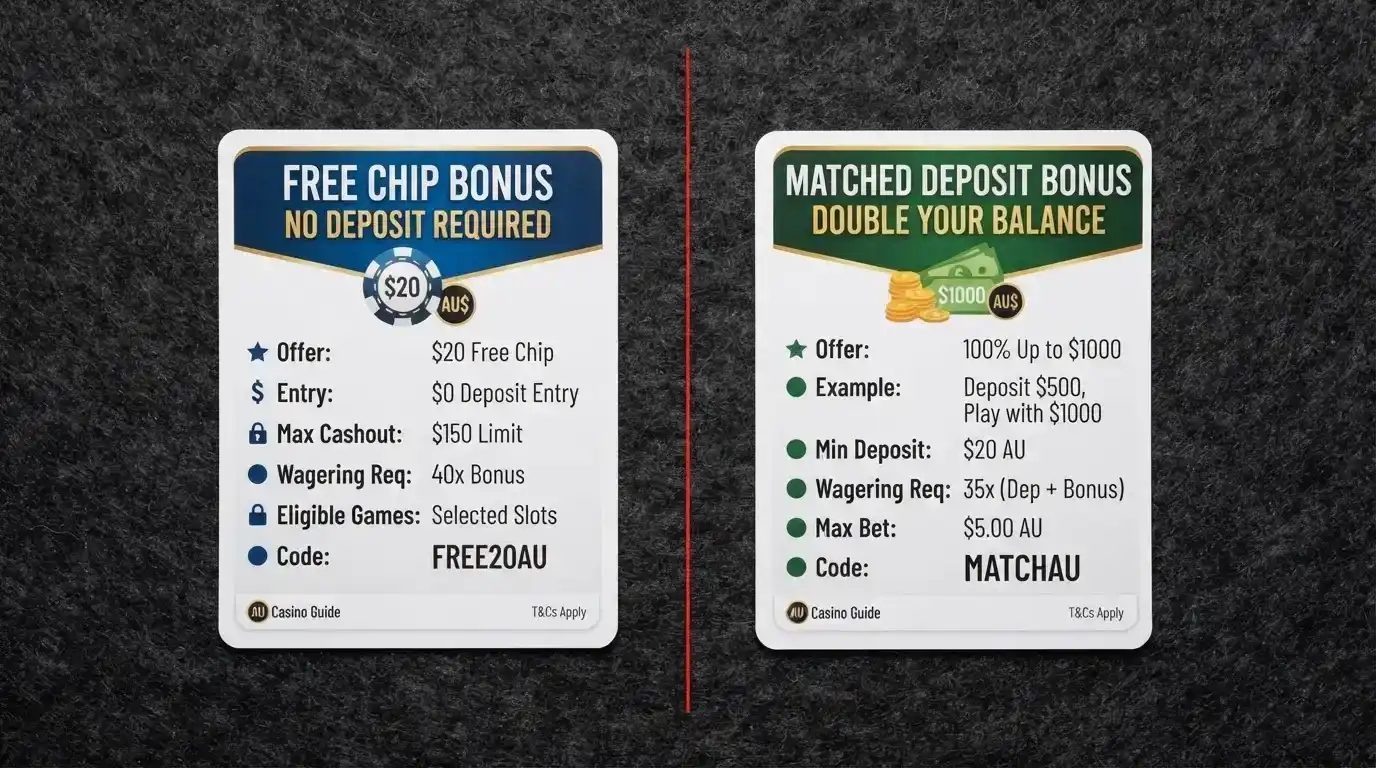 Two side-by-side panels — one showing a A$10 free-chip bonus with its wagering and cap, the other a A$10 matched deposit with combined wagering on deposit and bonus